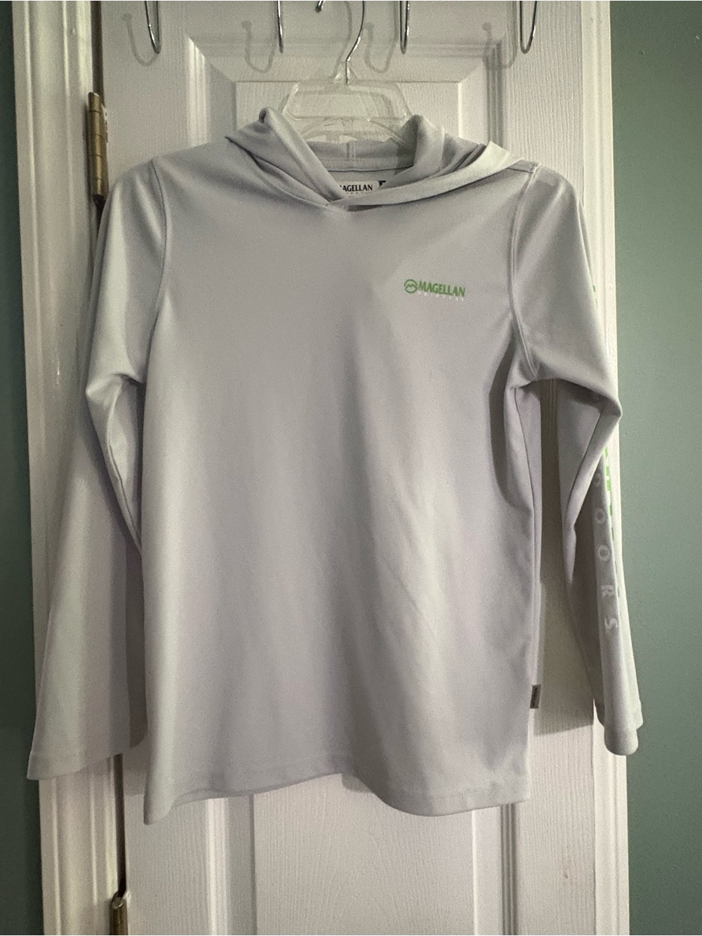 Magellan Outdoors Kids' Hooded Long-Sleeve Shirt in Light Gray with Green Logo
